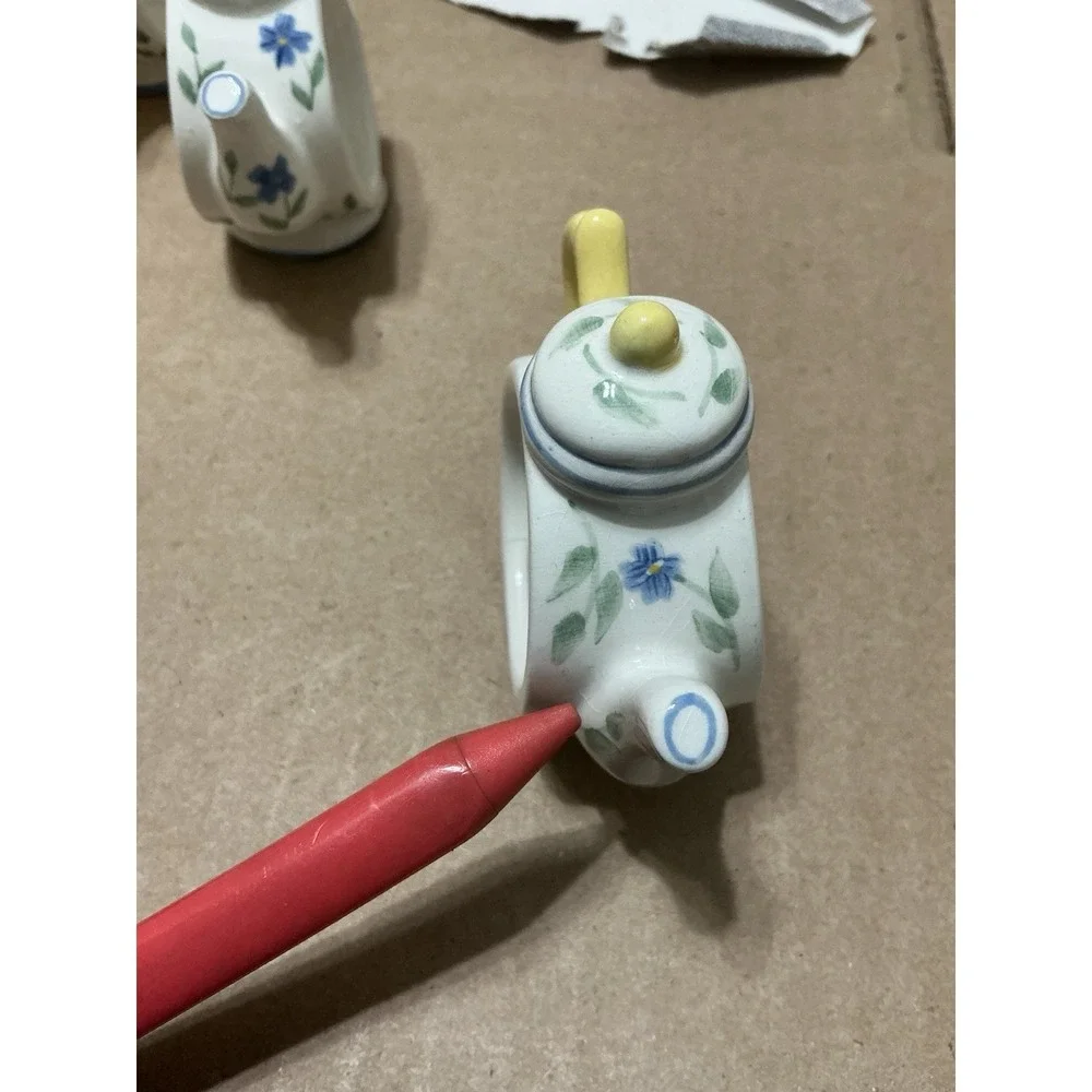 10 Vintage Pfaltzgraff Shelby Perennials Teapot Napkin Rings White Blue Yellow